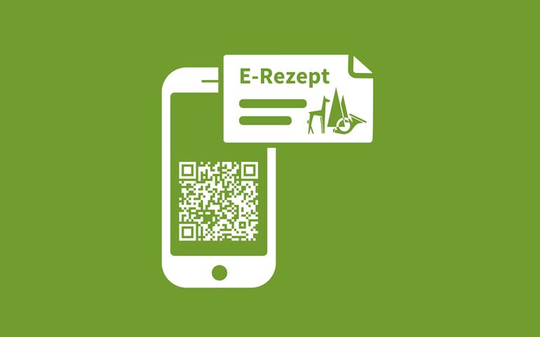 Ein Smartphone mit QR-Code und ein digitales E-Rezept sind auf einem grünen Hintergrund abgebildet.