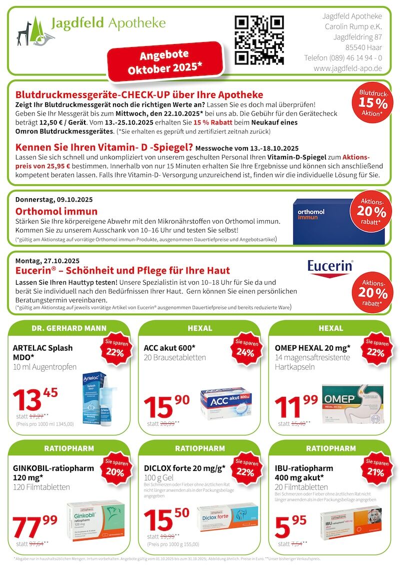 Die Jagdfeld Apotheke präsentiert Sonderangebote für Oktober 2025 mit Rabatten auf Blutdruckmessgeräte und Vitamine.